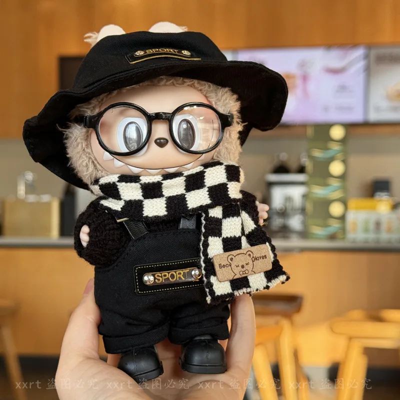 Para labubu roupas 17cm chapéu e cachecol conjunto elegante e na moda macacão xadrez roupa mudança acessório conjunto brinquedo hobbies legal