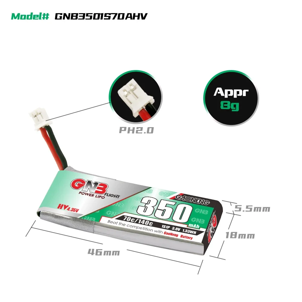 GAONENG GNB 350mAh HV 1S 70C 140C 3.8V Cabled PH2.0 LiPo Battery 75mm FPV Drone Emax Tinyhawk S NanoHawk EZ Pilot Pro