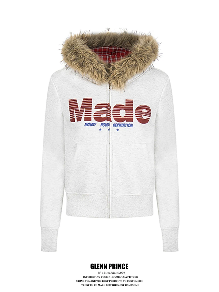 Kurtka z kapturem GPstudio z amerykańskim nadrukiem, futrzanym kołnierzem, ocieplana polarem, damska, zimowa, ciepła, luźna odzież wierzchnia