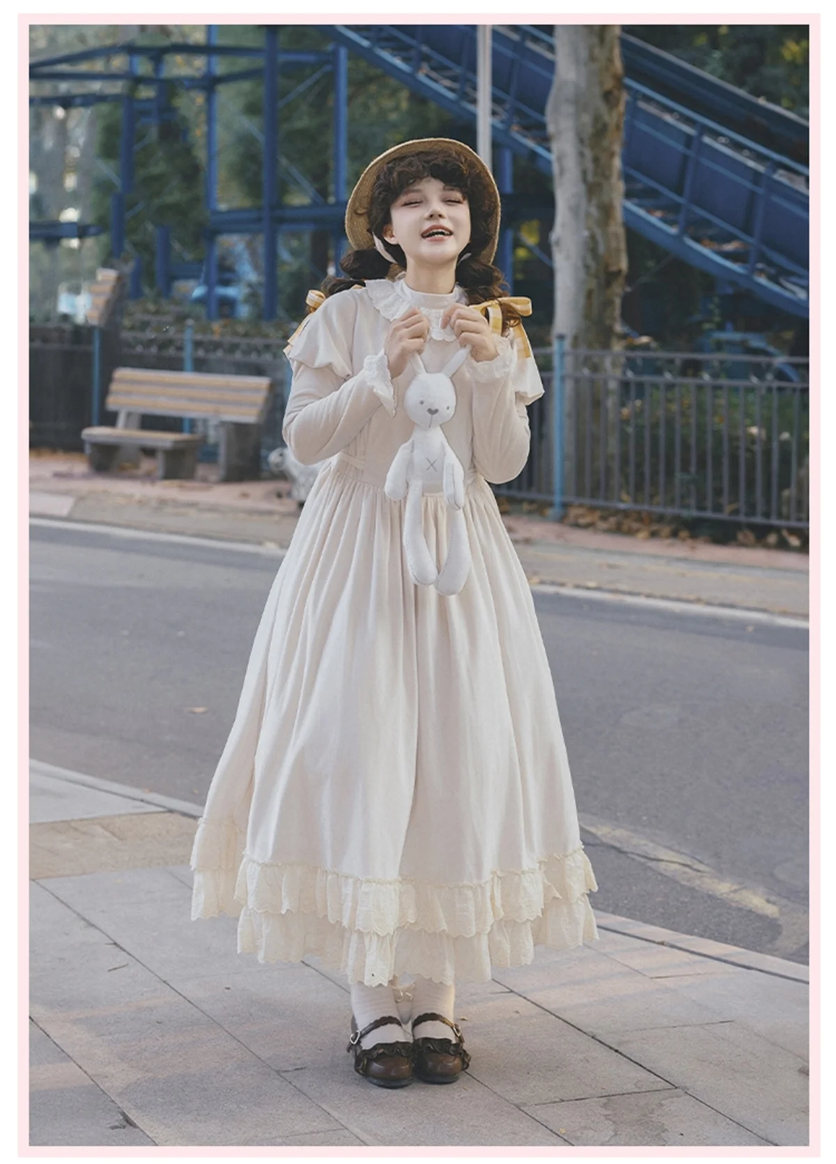 

French Idyllic Vintage Style Cosplay Solid Color Lolita Op Inside Lace Ruffle Puff Sleeve Ribbon Bowknot Sweet Cute Dress