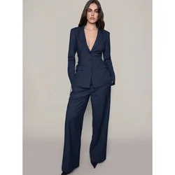 Women's Suit Two-piece Slim Single-breasted Navy Blue Casual Fashion Suit Christmas Work Wear Women's Suits Set 2 Elegant Pieces