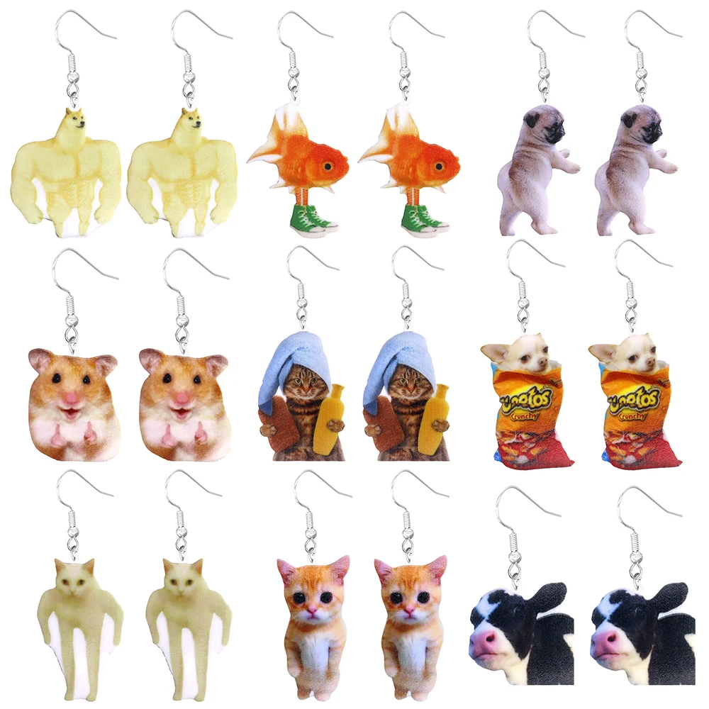 Boucles d'oreilles animaux en acrylique, mignonnes et amusantes, chat, hamster, chien, vache