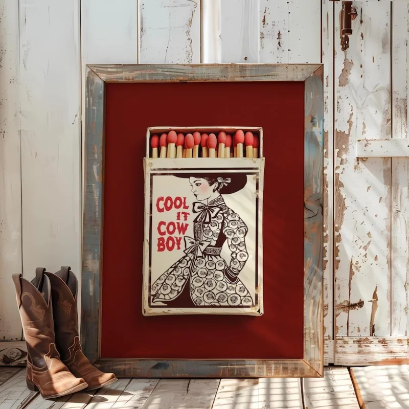 

2D/Flat Retro Burgundy Western Wall Art, Frameless Cool It Cowboy Matchbox Canvas Prints, Romantic Red Bedroom Decortions Gifts