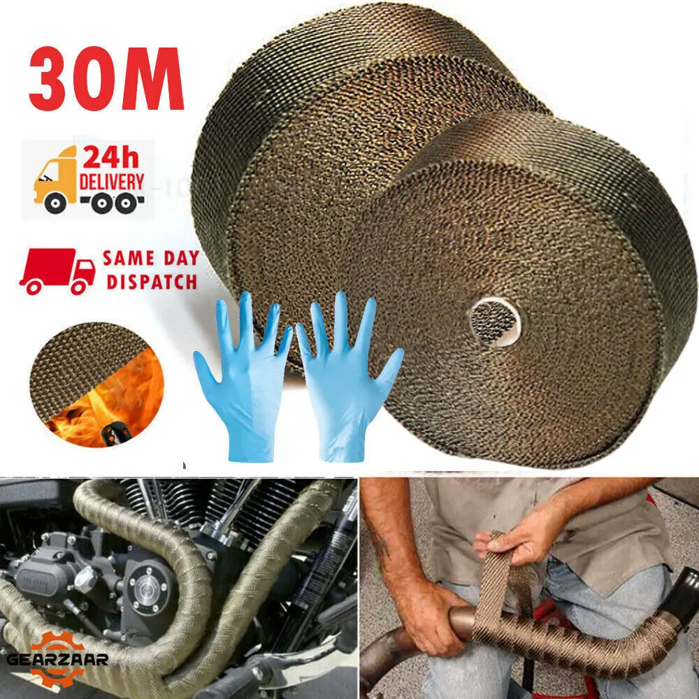 30M Titanium Gold Heat Wrap Tape Exhaust Insulating Downpipe Manifold 20 Ties with Gloves