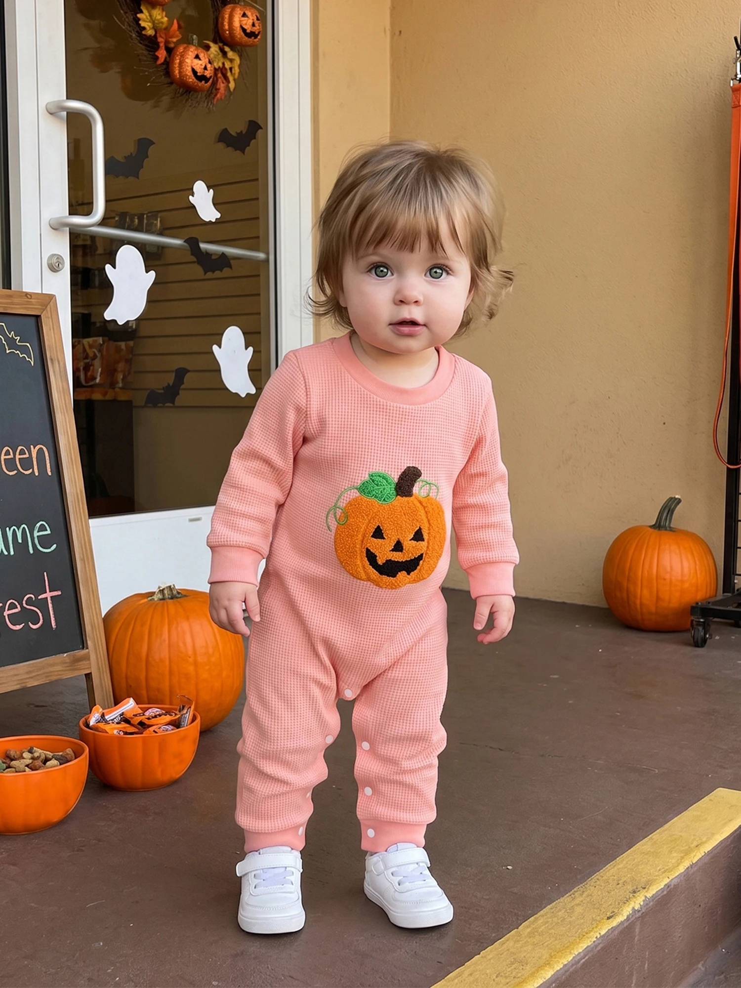 Jumpsuit Sleeve Pumpkin Embroidery Pumpkin Embroidery Halloween Waffle Romper Embroidery Girls Halloween