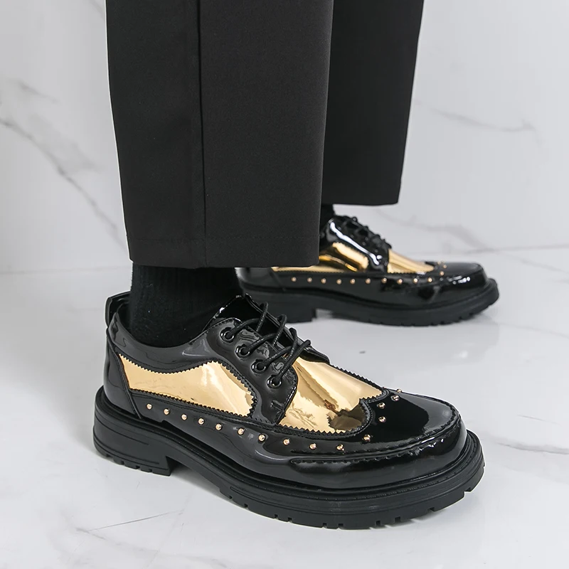 Classic Men's Comfortable Lace Up Riveted Leather Shoes Thick Soled Height Shoes Fashionable Brand Groom's Wedding Leather Shoes