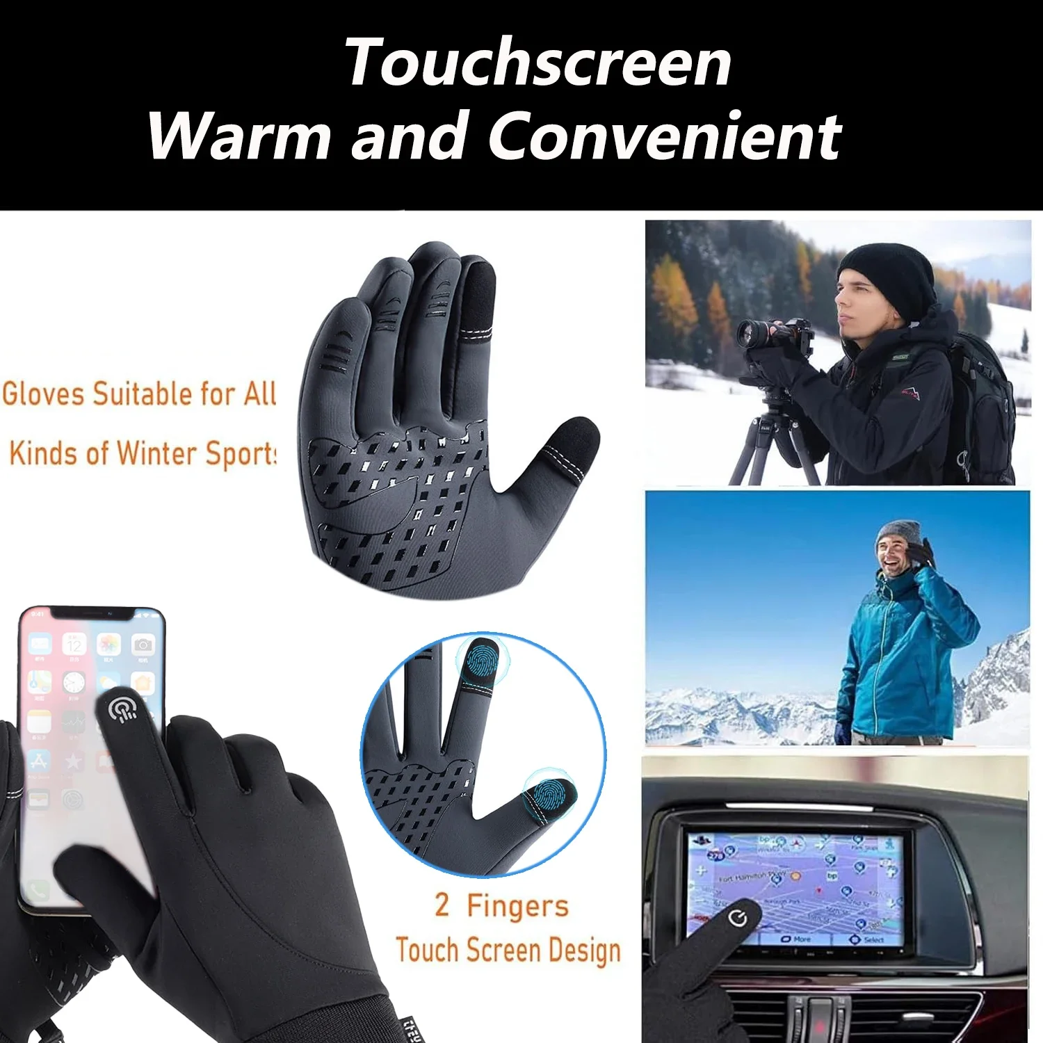 Guantes de invierno para hombres y mujeres: guantes térmicos impermeables para clima frío, para correr, andar en bicicleta con dedo con pantalla táctil