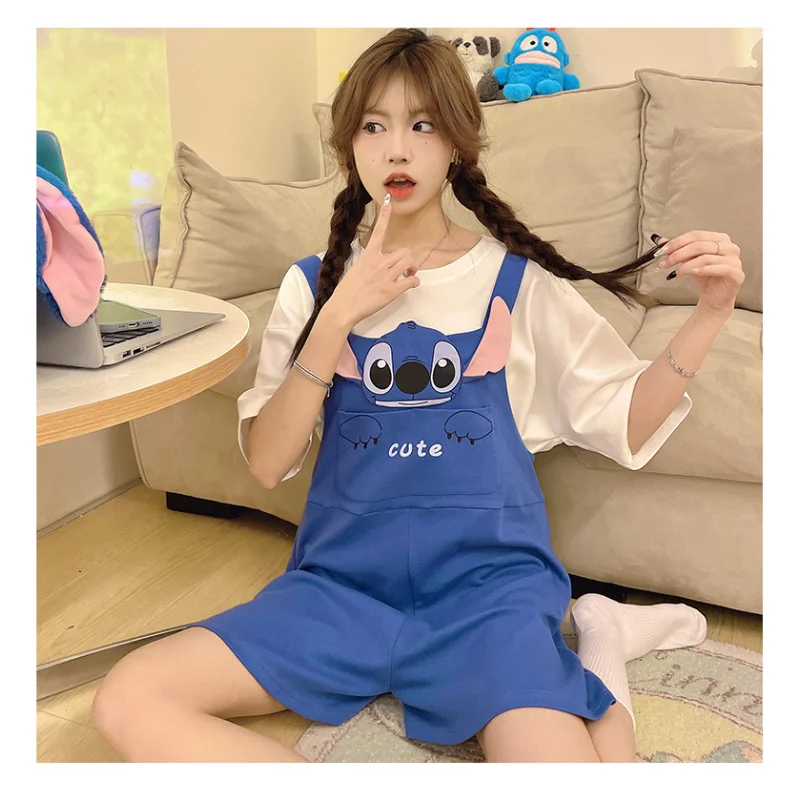 Disney Stitch pajamas summer new cute cartoon straps cotton short sleeves can be worn outside loungewear casual loose suit