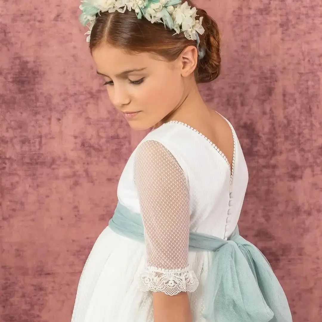 FATAPAESE Flower Girl Kid Dress Lace Floral Smoke Blue Ribbon Belt and Back-V Primeracomunión Princess Bridemini Wedding Party