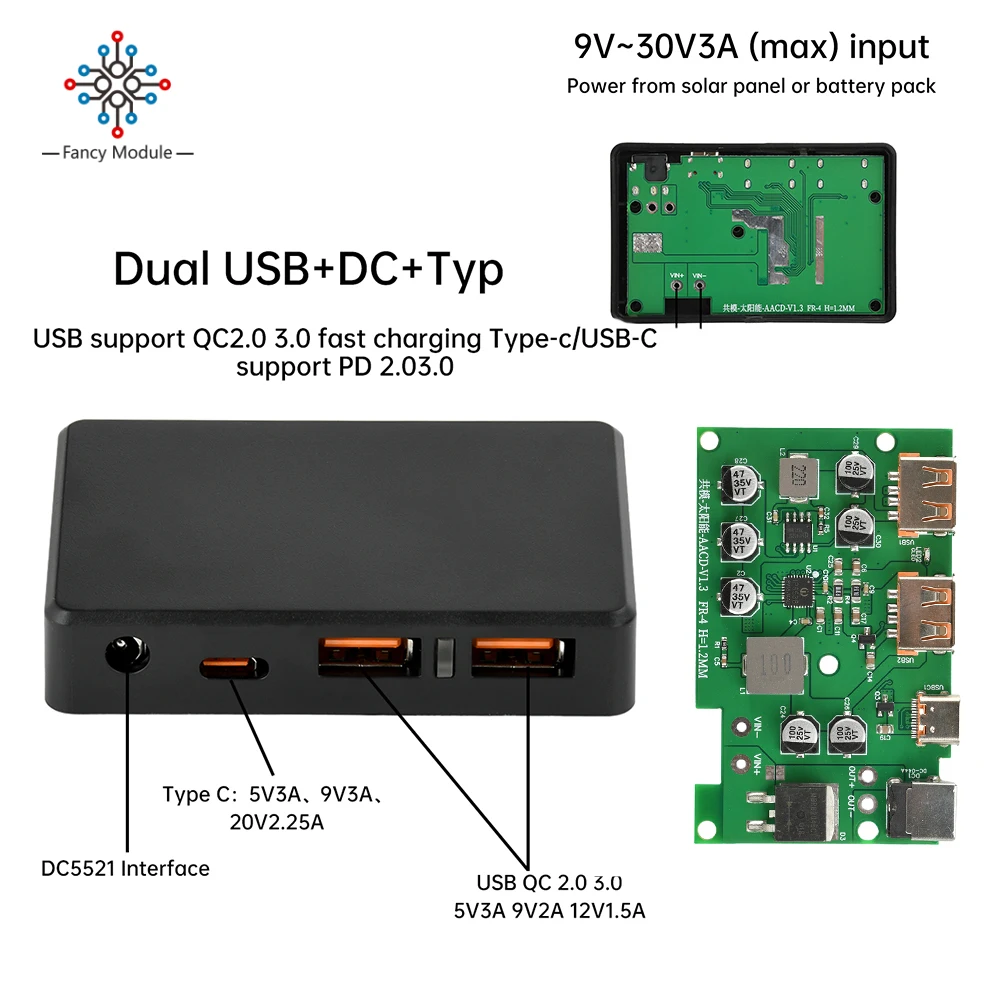 DC12-30V Dual USB+Type C Solar Panel Voltage Stabilizer DIY Regulator Charger Interfaces Power Regulators Parts for QC3.0 PD2.0