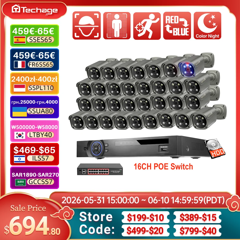 

Techage H.265 36CH 4K 8MP Security Camera System Face Detection Smart AI Colorful Night Vision CCTV Video POE Surveillance Kit