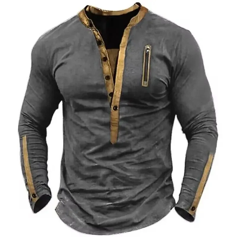 

Spring and Autumn Retro Men's Long Sleeved Casual Loose Pullover Spliced Men's Handsome Outdoor T-shirt Top