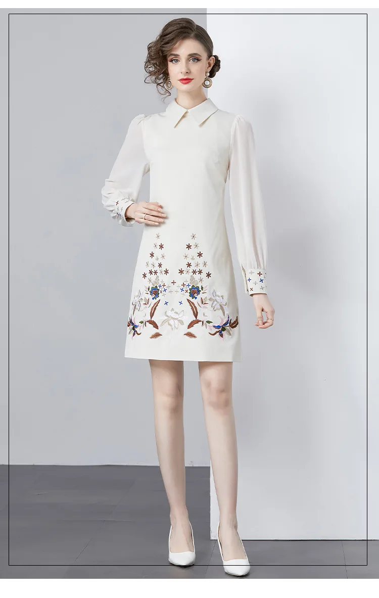 ใหม่แฟชั่นผู้หญิงฤดูใบไม้ผลิฤดูร้อนเย็บปักถักร้อยดอกไม้แขนยาวชุด Office Lady Elegant Turndown COLLAR Dresses