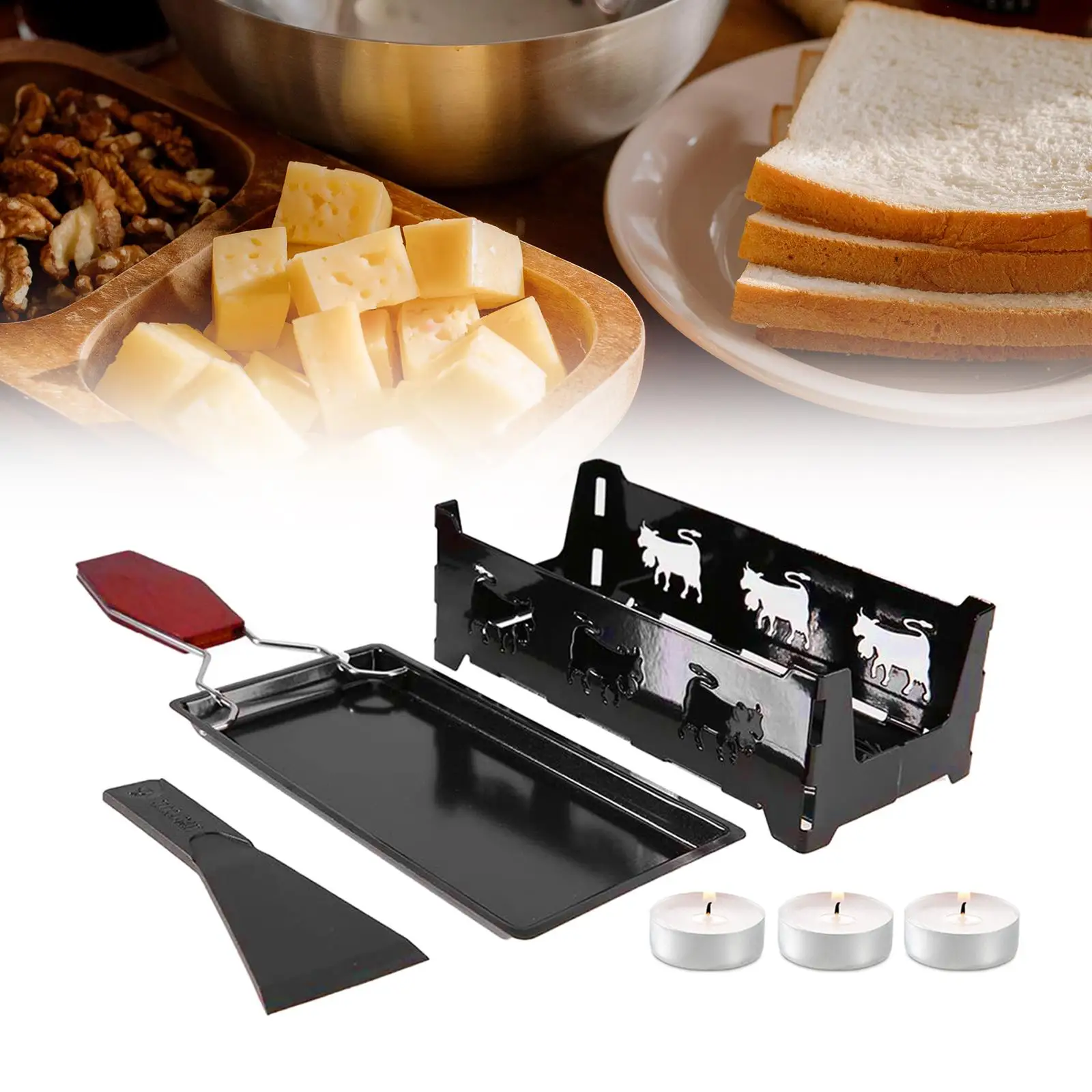 Nonstick Cheese Raclette Set with Foldable Handle Candlelight Cheese Melter for Kitchen Camping Home BBQ Grilling