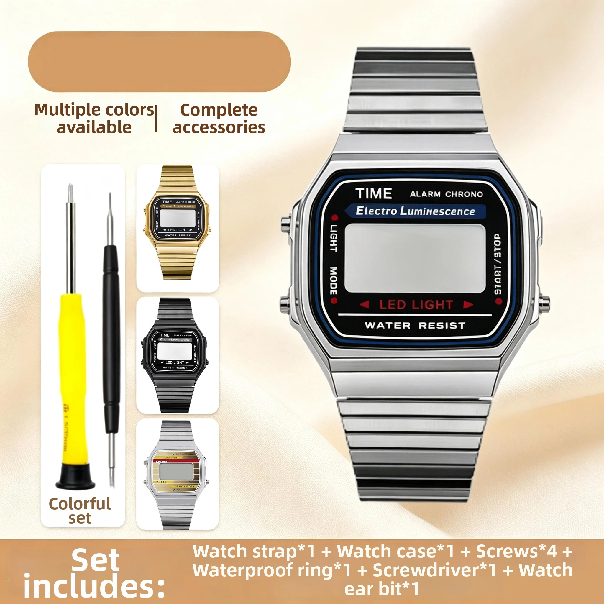 A168 Stainless Steel Case for Casio Electronic Watch A168W A168WA-1 Modified Metal Bezel Watch Case + Strap Suit Watchband Tools