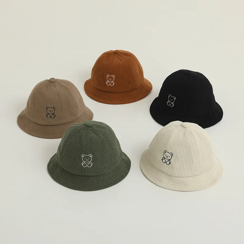 Spring Autumn New Children Cartoon Bear Sunscreen Hat Boy Baby Casual Corduroy Bucket Hats Kid Girl Fashion Fisherman's Caps