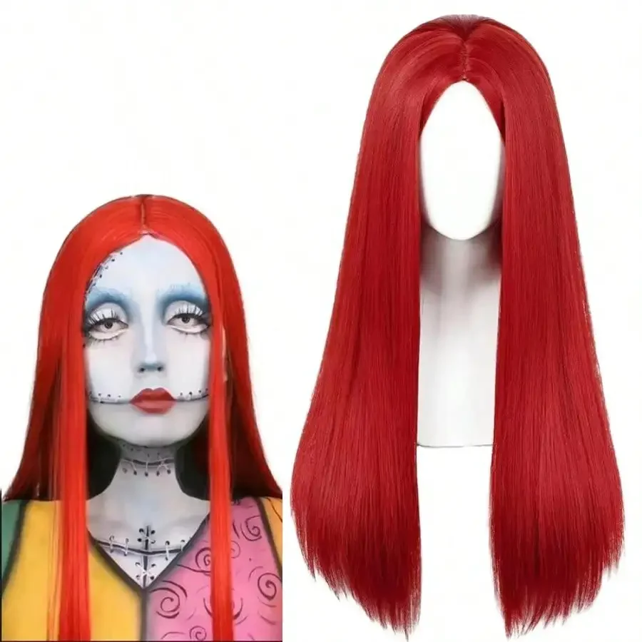 70 cm rote Sally lange gerade Perücke Mittelscheitel hitzebeständige Damen Halloween Hexe Geist Cosplay Perücken