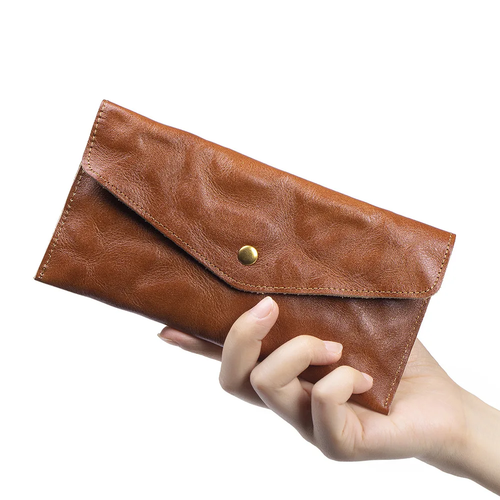 Multi Purpose Genuine Cowhide Leather Slim Wallet, Retro Envelope Design Long Wallet for Men Holds Phone Cards Cash Loose Change