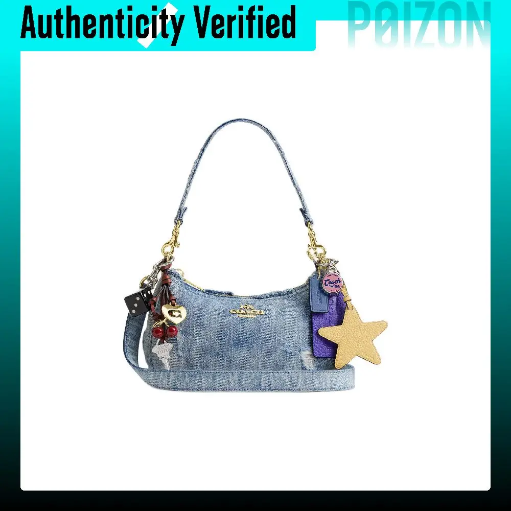 COACH Teri Denim With Leather And Calfskin Shoulder Bags Medium Women's Light Indigo CDY76-IMNIM