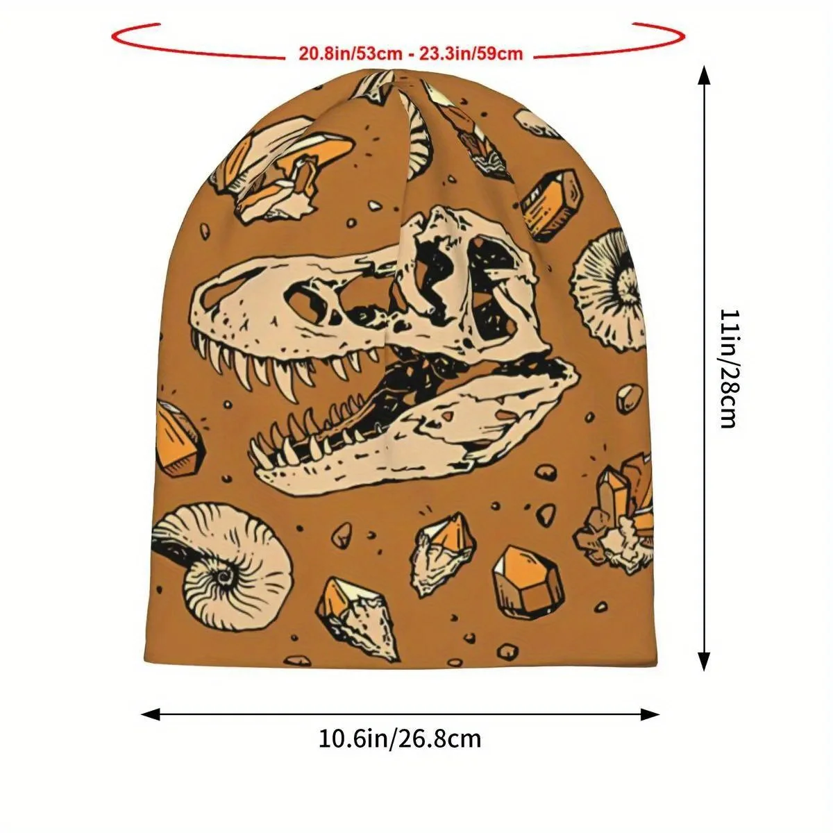 Men's Dinosaur Skull Fossil Beanie Hat Fashionable Brown Knit Cap with Prehistoric Design, Warm Stretchy Winter Skull Cap