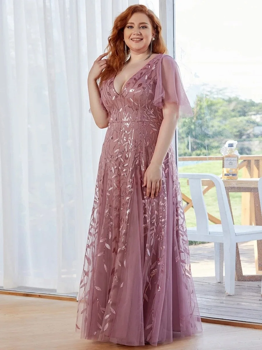 Plus Size Party Dresses Female Fashion Embroidery Sequins Prom Evening Dress Large Size Women Ruffle Sleeve Fishtail Long Dress