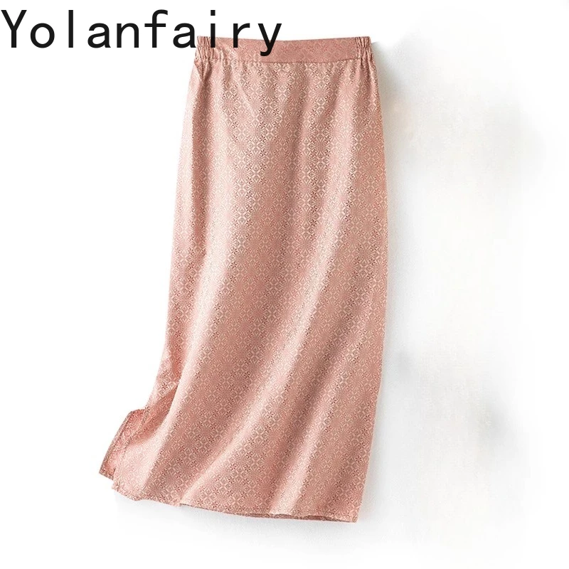 YOLANFAIRY High-end 100%Natural Mulberry Silk Skirt Long Cheongsam Skirts Woman Elastic Waist Split Wrap Skirt jupe longue femme