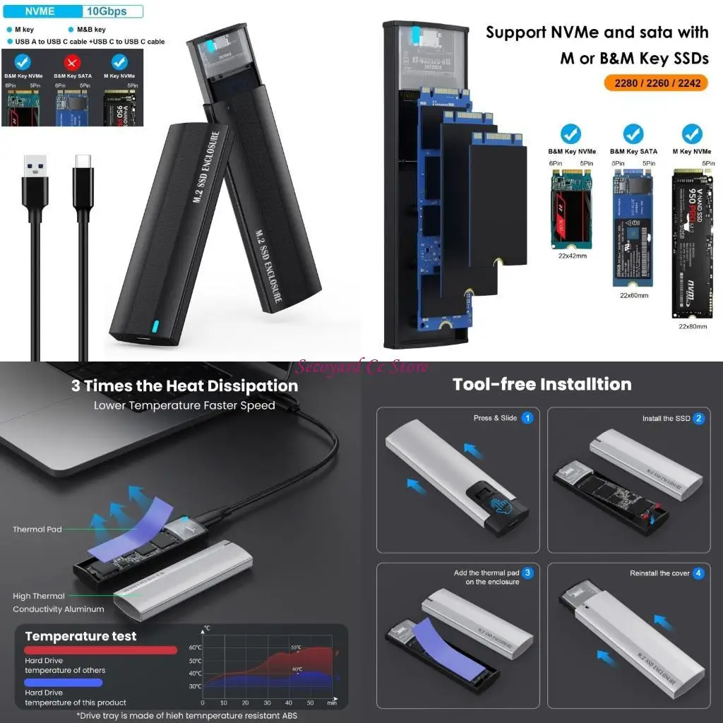 Корпус диска NVMe SATA 10 Гбит/с USB 3.1 к корпусу диска Алюминиевый внешний корпус диска Поддержка UASP Trim Tooll