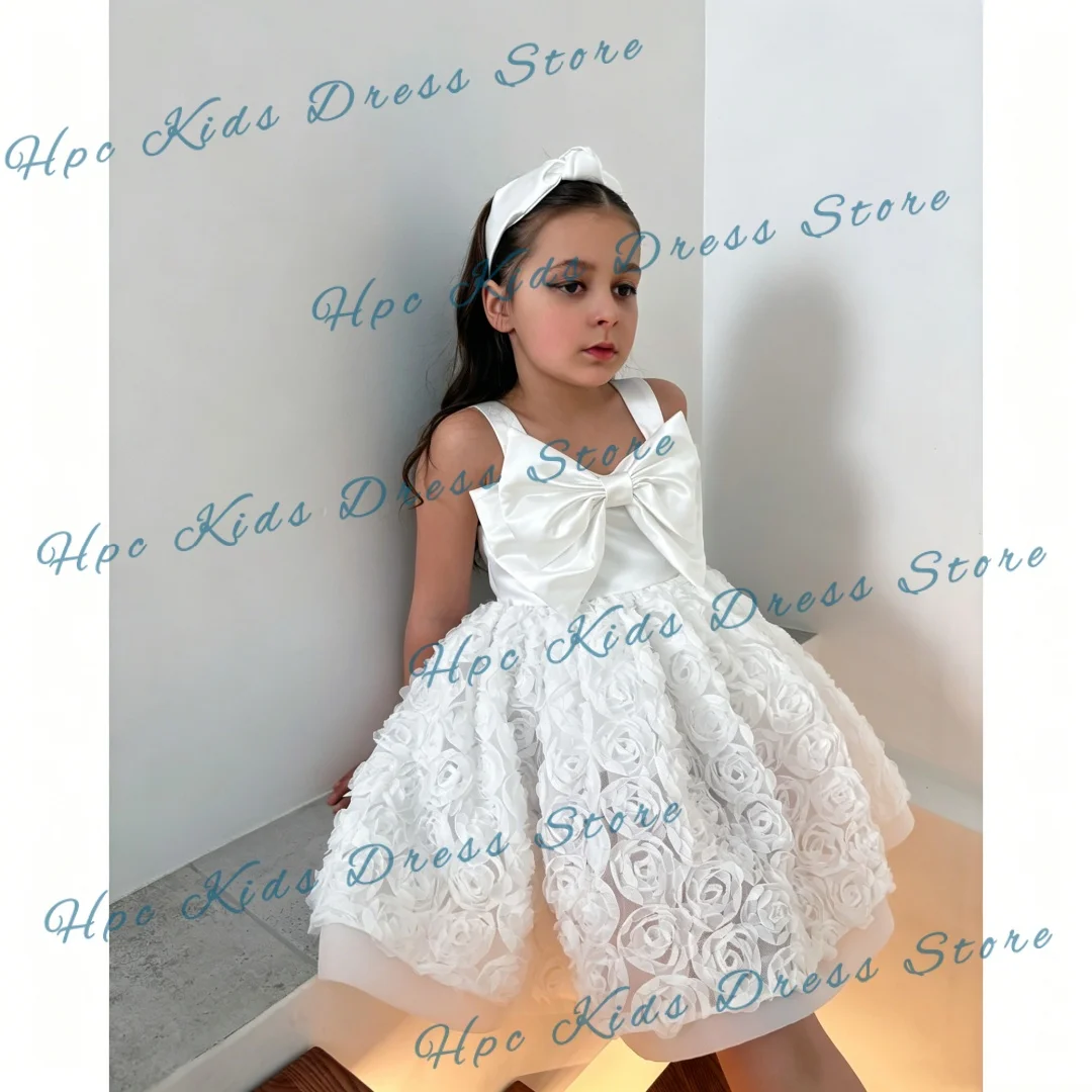 Custom White Satin Flower Girl Dress Sleeveless Bow Front Rose Applique A-Line Gown Wedding Party Bridesmaid Formal Event