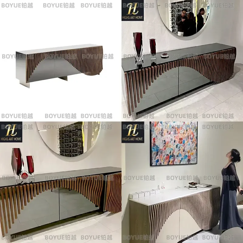 Luxury Solid Wood Dining Sideboard Stainless Steel Storage Cabinet Modern Villa Home Restaurant Locker Creative Buffet Server