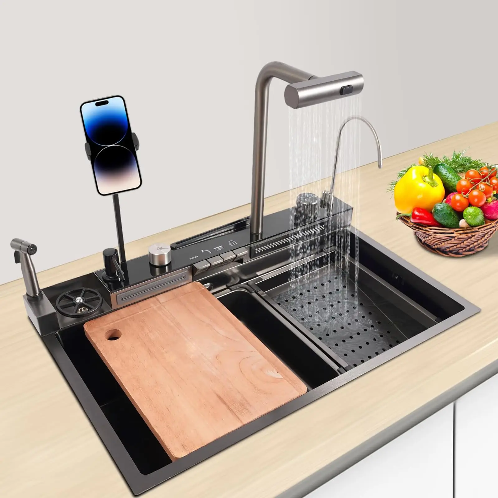 

Smart Waterfall Kitchen Sink with Digital Display Nano-coating 304 Stainless Steel Single Bowl Workstation Sink 29.5 x 18.1 x 9
