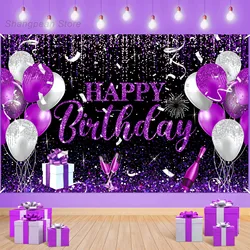 Birthday Decoration Banner Large Happy Birthday Banner for Women Men Purple Black Birthday Theme Party Backdrop for Birthday