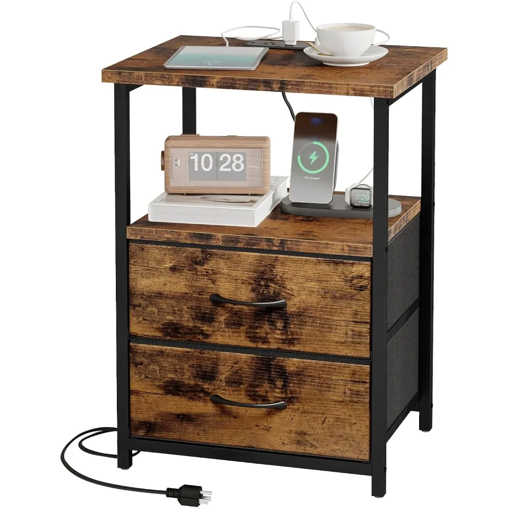 

Fixwal Rustic Brown Night Stand with Charger Station, Nightstand with Charging Station & Fabric Drawers