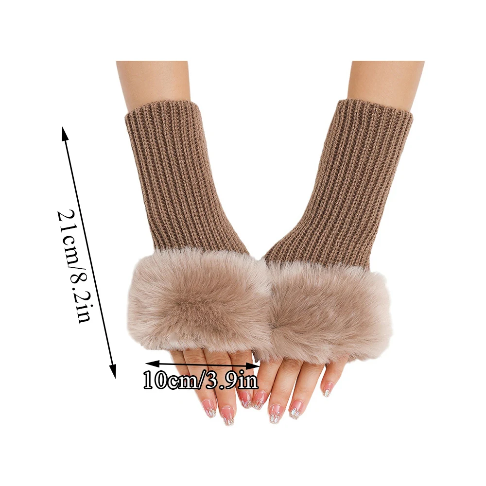 Lady Knitting Faux Fur Arm Sleeves Hand Warmer Half Finger Gloves Autumn Winter Warm Sleeves Fingerless Gloves Outdoor Mittens