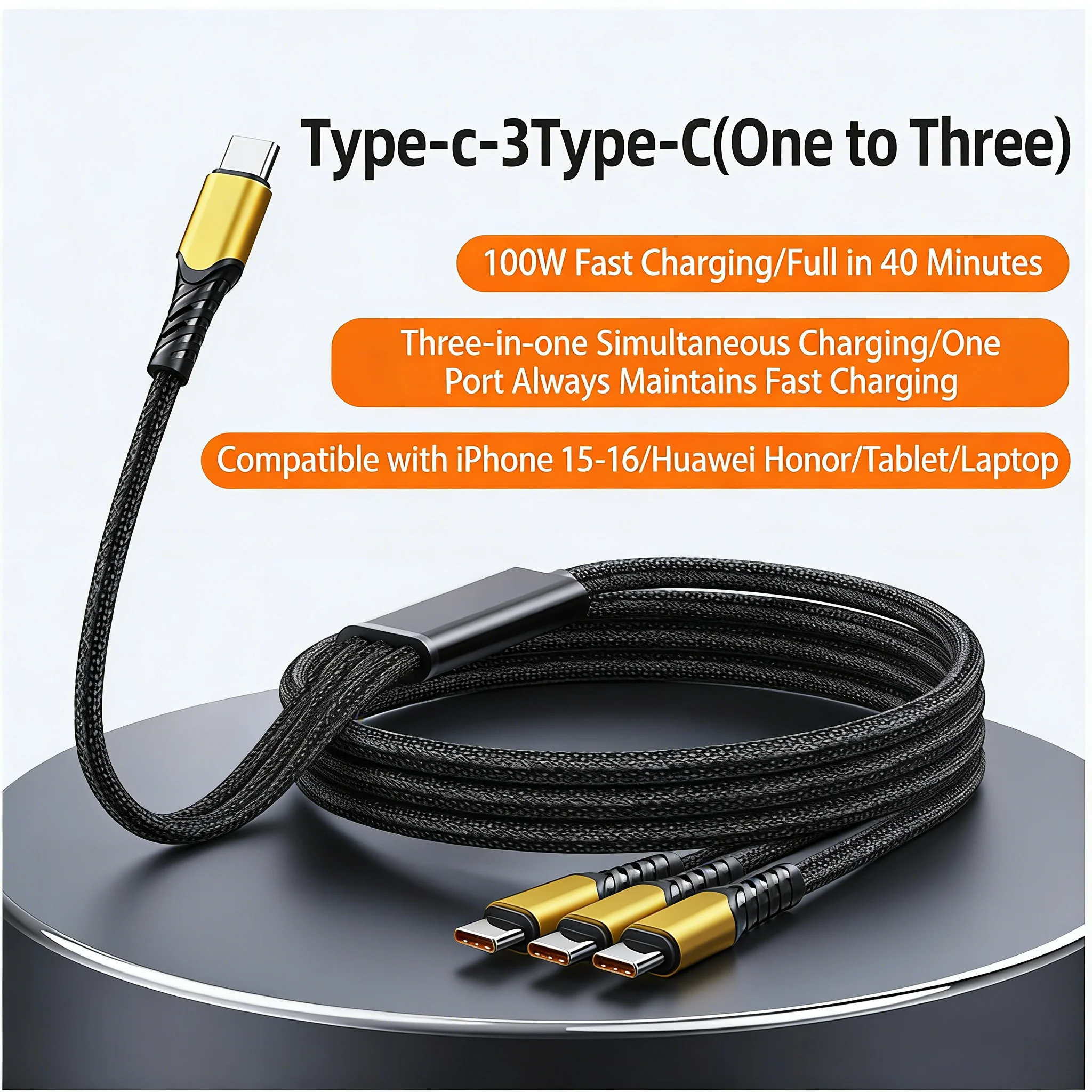 Picture 5: 100W 3 in 1 USB C Type c to 3 Type C Fast Charging Cable for iphone 17 16 15 Pro max Huawei Xiaomi Samsung