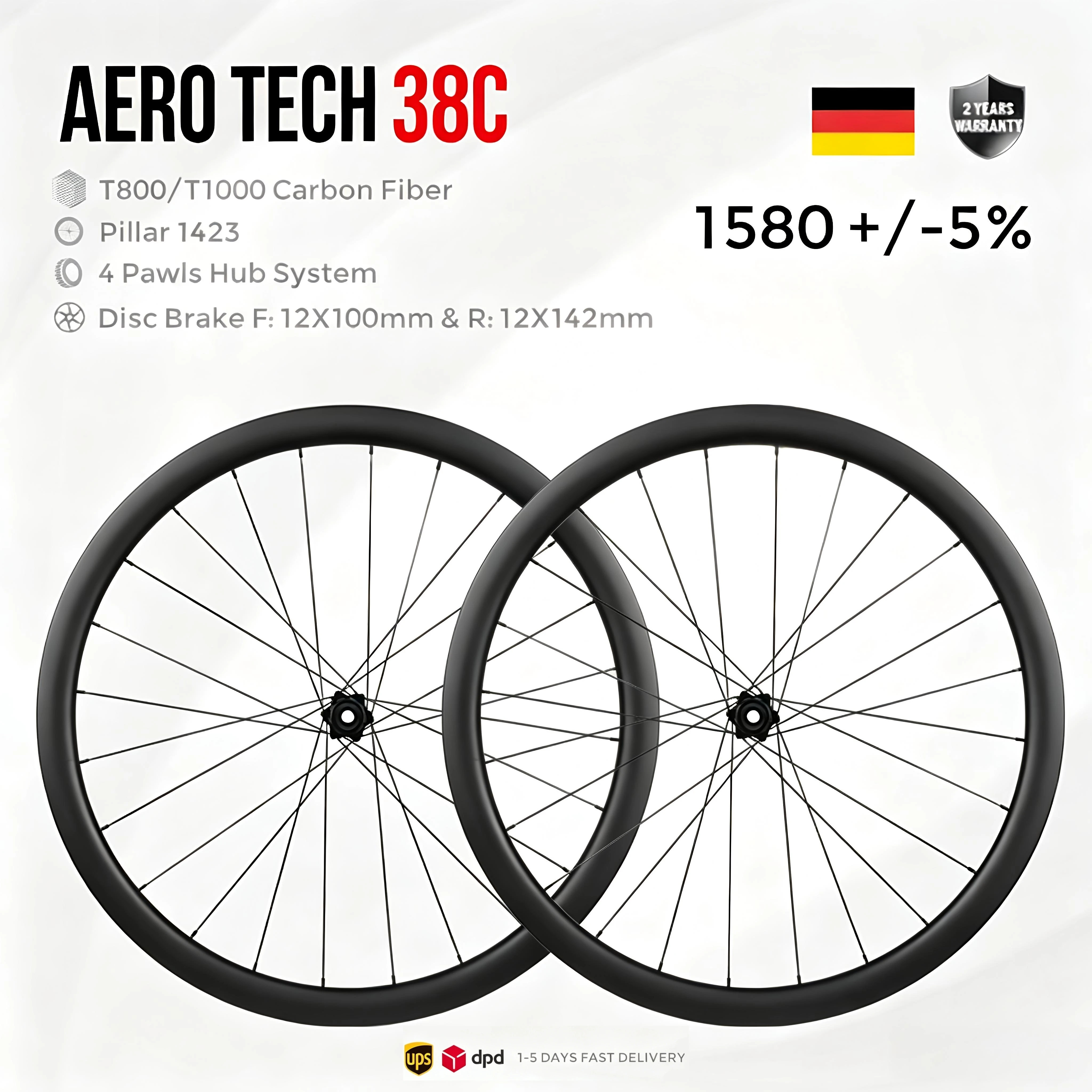 Rennrad-Carbon-Laufradsatz 700C, 38 mm Felgenhöhe, 21 mm Innenbreite, aerodynamische Scheibenbremse, UD Matt Clincher, Tubeless Ready, Pillar 1423 Speichen, Straight Pull 4-Klinken-Nabe für Shimano