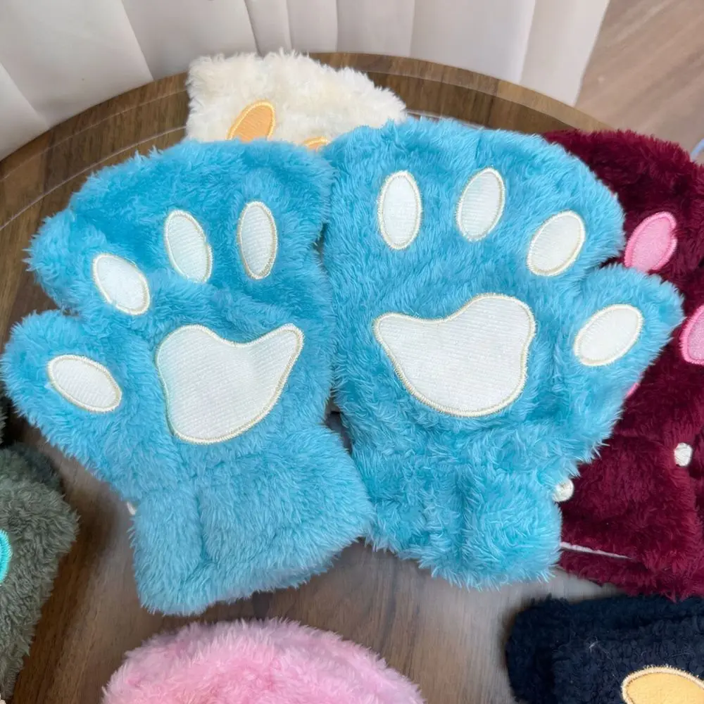 Winter Warm Fingerless Mitts Bear Claw Plush Gloves Cute Cat Paw Half Finger Hands For Typing Study Daily Wear