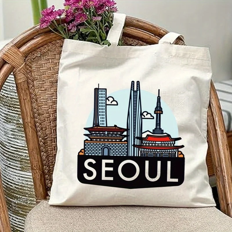 This Korean-style aesthetic canvas tote bag，Printed with a Seoul design，This is a spacious and stylish bag，Perfect for outdoor p