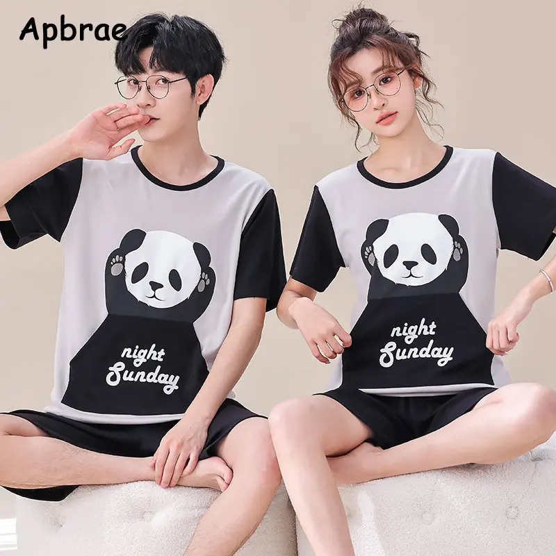 Young Couple\'s Pajamas Summer Short Sleeve Shorts Knitted Cotton Breathable Men and Women Loungewear Cartoon Bear Print Pijamas