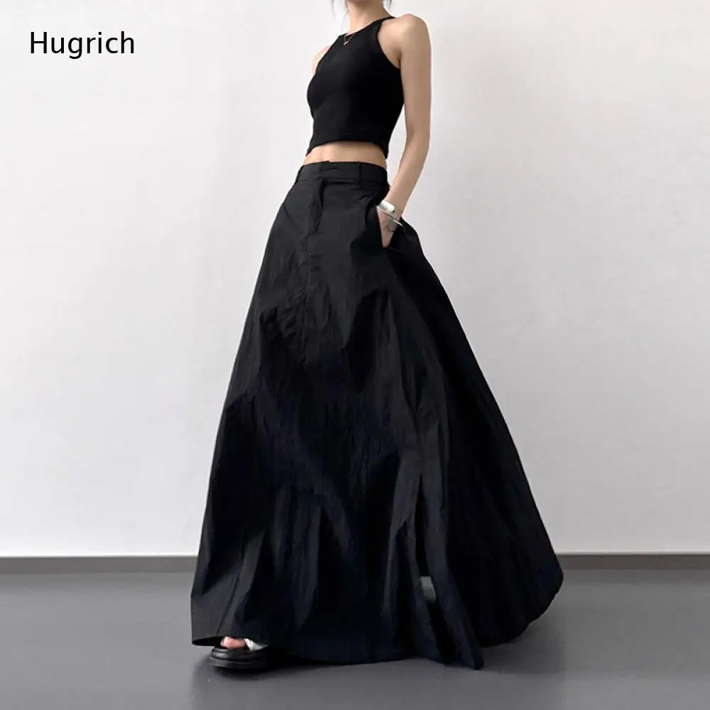 Women High Waist Side Split Maxi Long Skirt Solid Black Loose Flowy A Line Casual Streetwear Swing Skirt With Side Pockets
