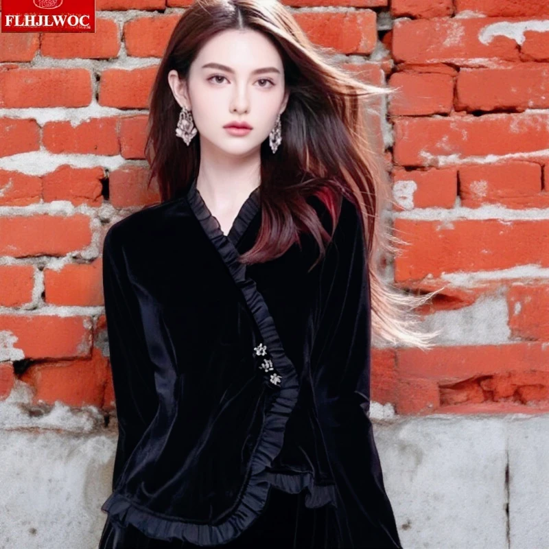 

Black Velvet Tops Blouse New Year Fashion Woman Long Sleeve V Neck Elegant Ruffles Top Flower Button French Basics Velvet Shirts