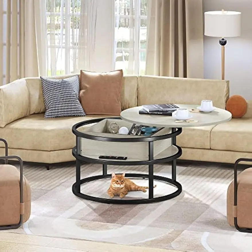 Round Lift Top Coffee Table, Coffee Tables for Living Room with Hidden Storage Compartment, Modern Coffee Table with Storage