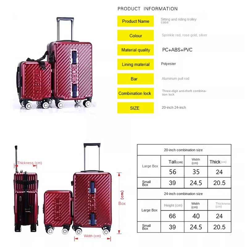 Equipaje para niños con montaje de 20 pulgadas, estuche de viaje con varilla de tracción y cierre de combinación con cremallera, maletas extraíbles