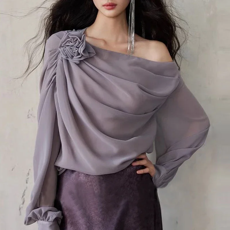 

Women's Fashion Sexy Off Shoulder 3D Flower Designer Blouse Office Lady Luxury Ruched Elegant Shirt Loose Long Sleeve Tops ZT140