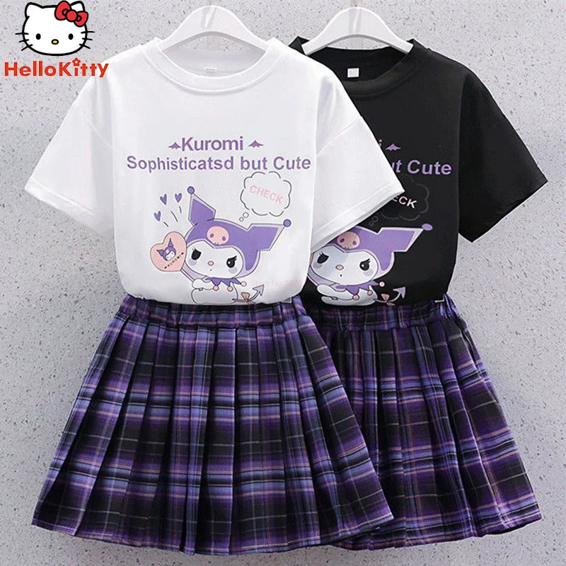 Sanrio Short-Sleeved Pleated Skirt Kawaii Y2k Kuromi Anime Student Loose Casual Soft Fashion Comfortable Sweet Girly Suit Gift