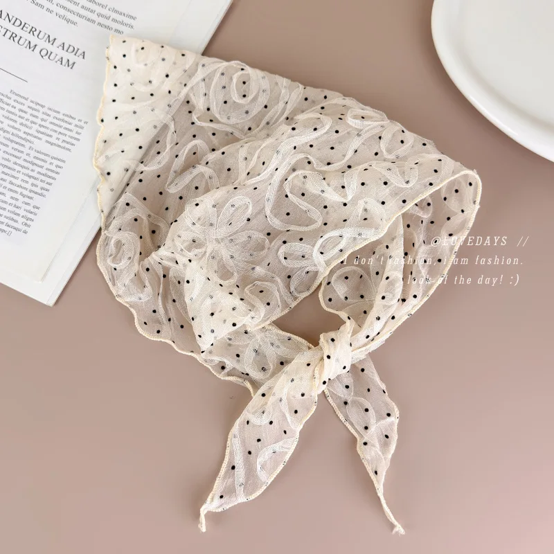 Triangle Scarf Sheer Polka Dot Beige Black Lightweight Breathable Soft Comfortable Neck Wrap Head Wrap French Chic Daily