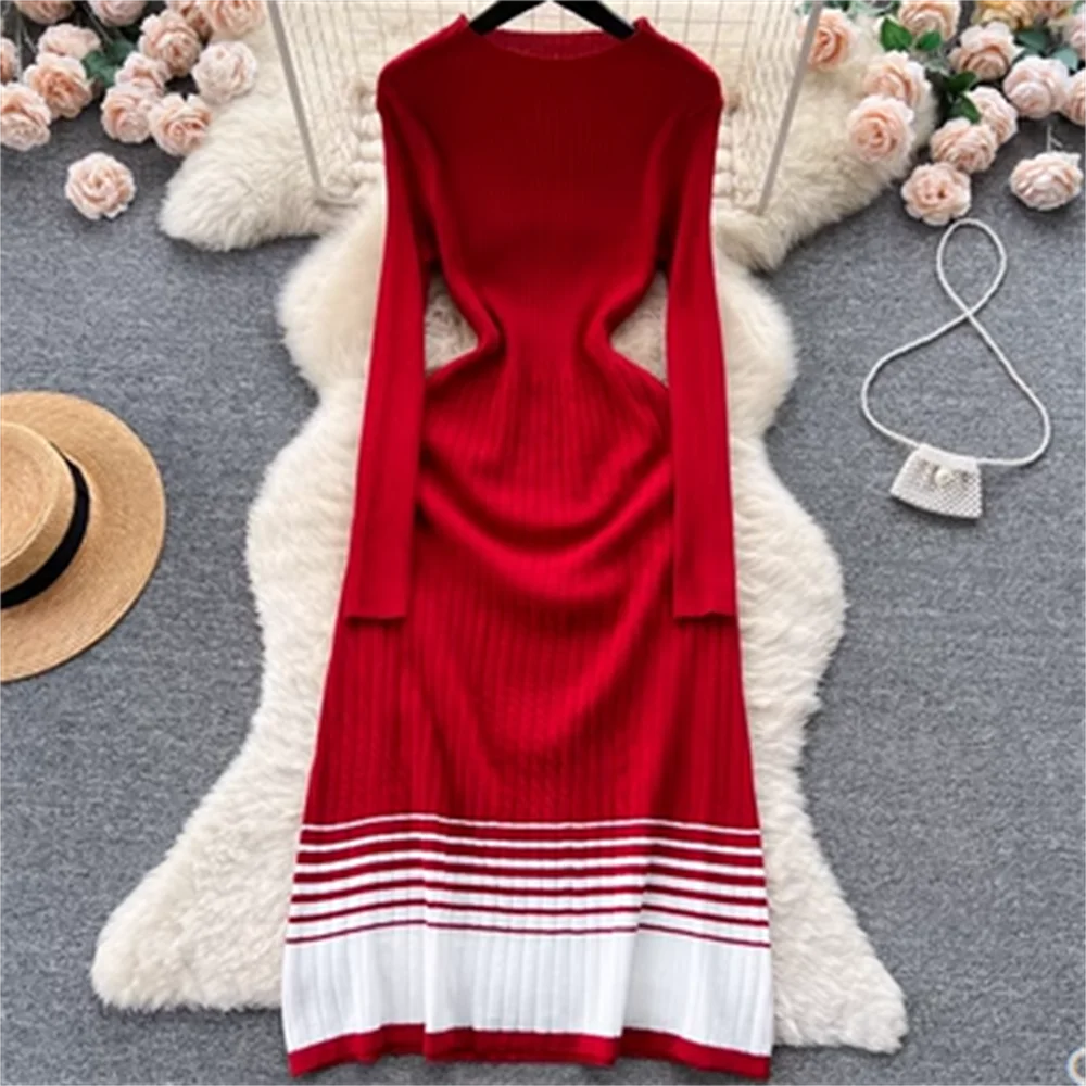 

striped knitted dress elastic waist aline sweater long dress