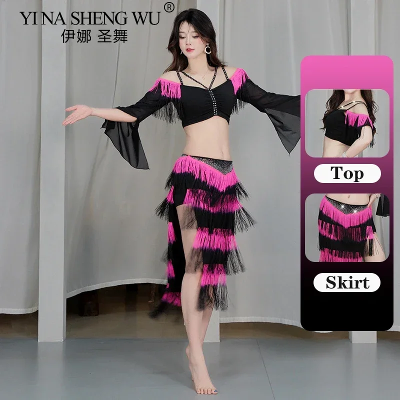 

New Belly Dance Costumes Dynamic Gradient Tassel Oriental Dance Practice Suit Stage Performance Dancewear Women Dance Top Skirt