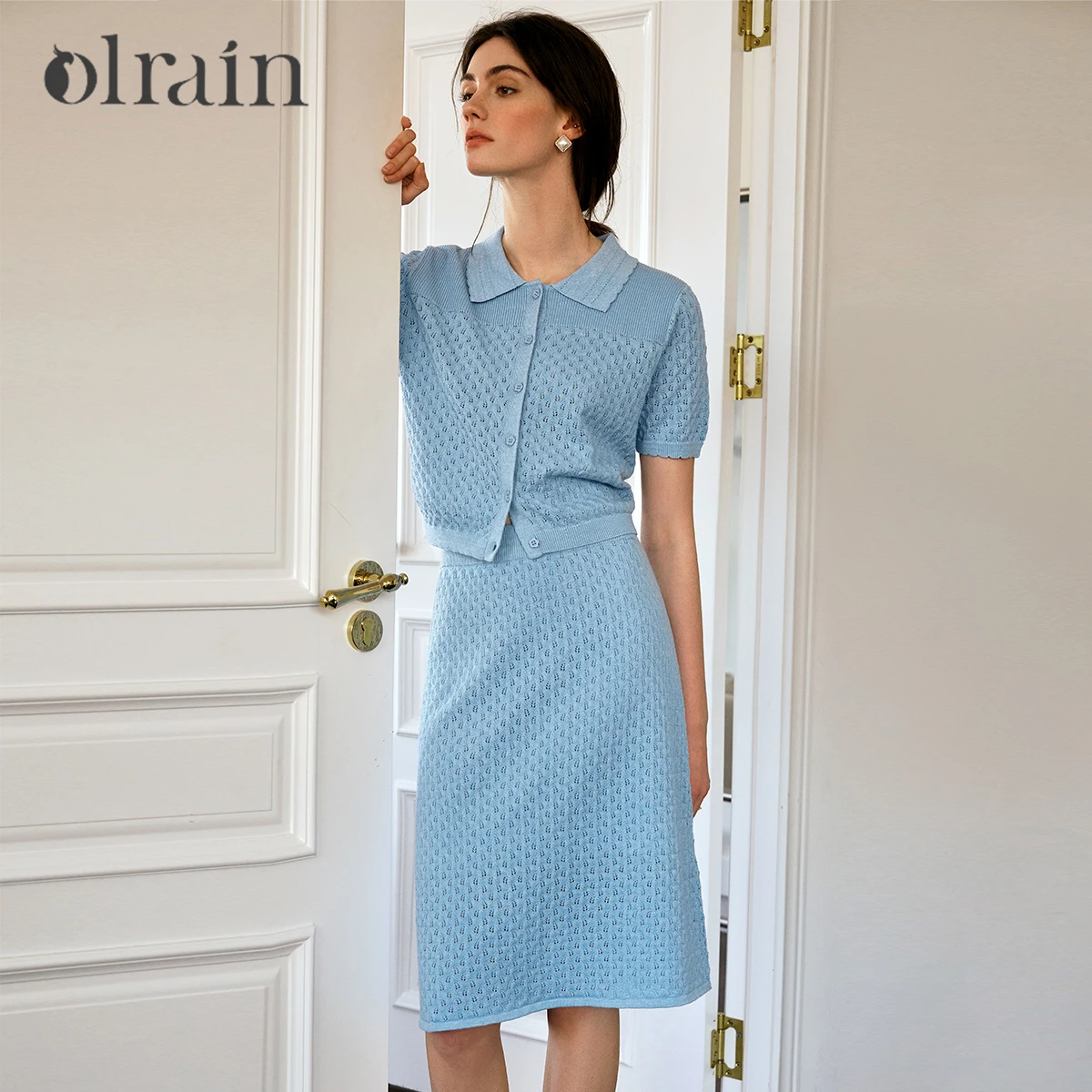 

OLrain Women Knit Skirt Set Ladies 2025 Spring Summer Blue French Fashion Hollow Knitted Cardigan Elastic Waist Skirt O57XE96951
