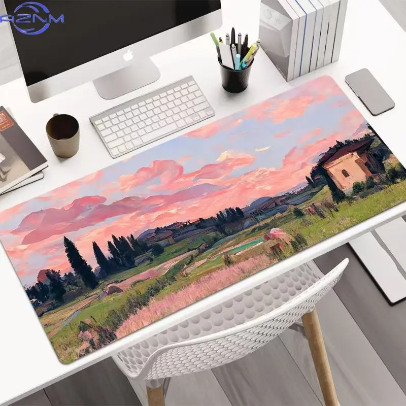Pastel Sunset Countryside Oil Painting Mouse Pad, Waterproof Non‑Slip Mouse Mat for Artistic Desktop Decor