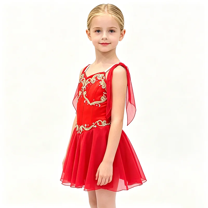 Womens Double Shoulder Ribbon Heart Neck Ballet Performance Dress Symmetric Gold Scroll Rhinestone Embroidery Solid Short Dance